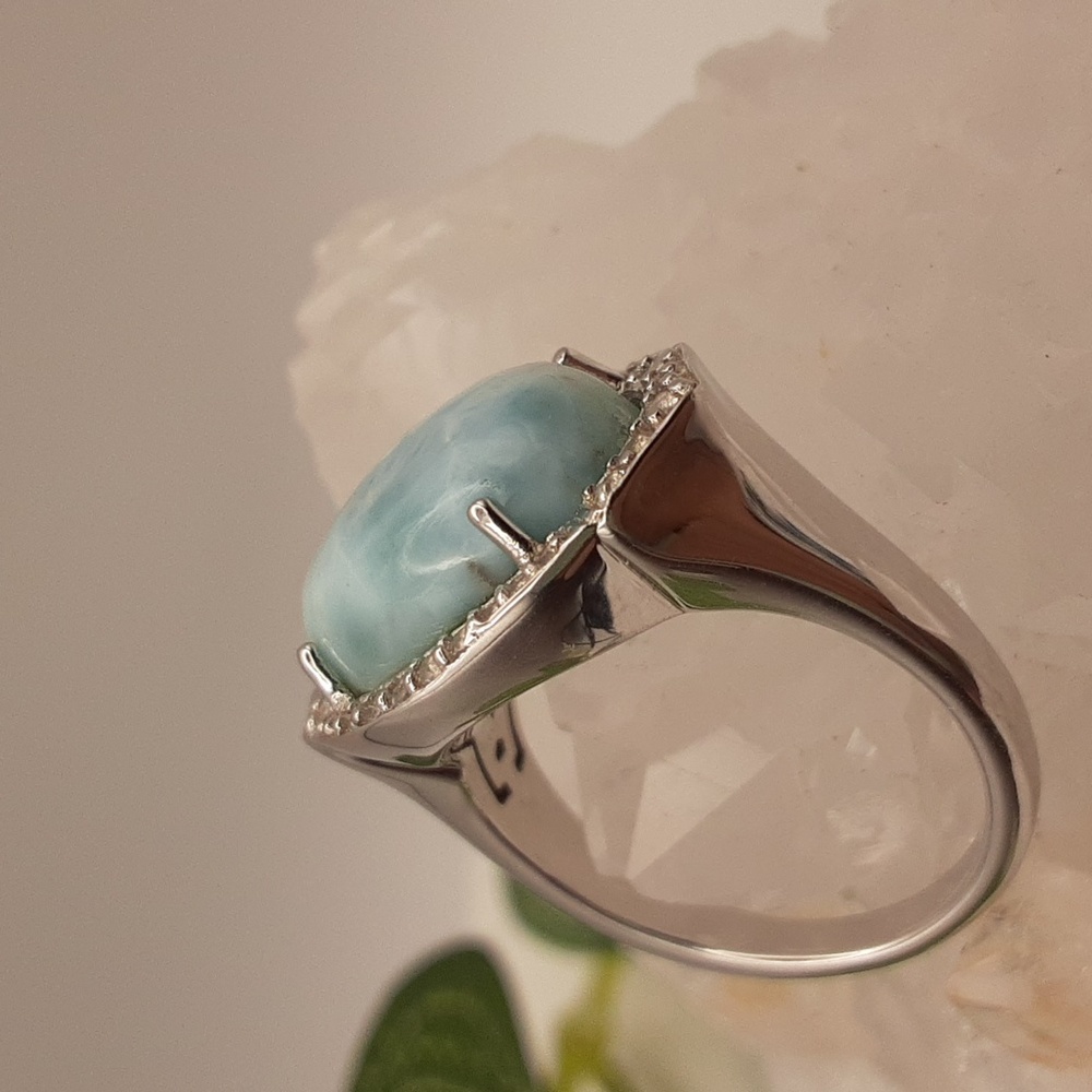 925 Genuine Larimar And White Topaz Ring. - Picture 4 of 7